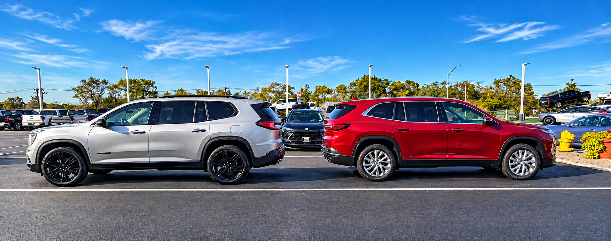 Gray GMC Acadia and a red Buick Enclave, perfect family SUVs for Chicago and South suburb families available for sale at Arnie Bauer Buick GMC in Matteson, IL. 