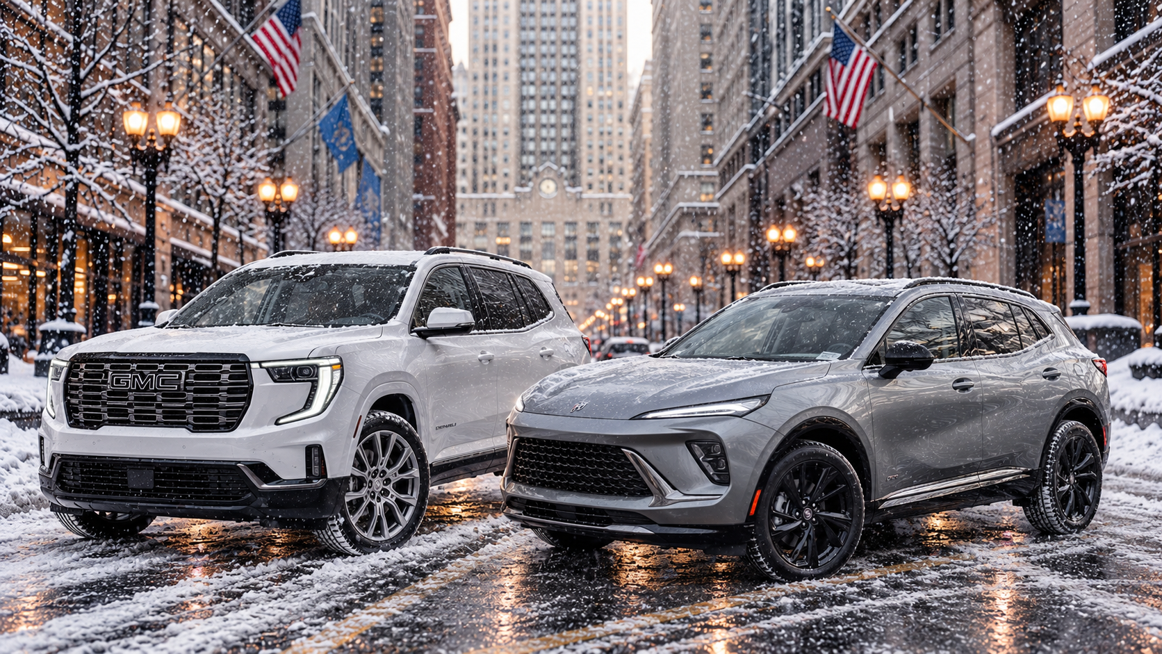 White GMC Acadia Denali and a Gray Buick Envision in a winter Chicagoland scene.